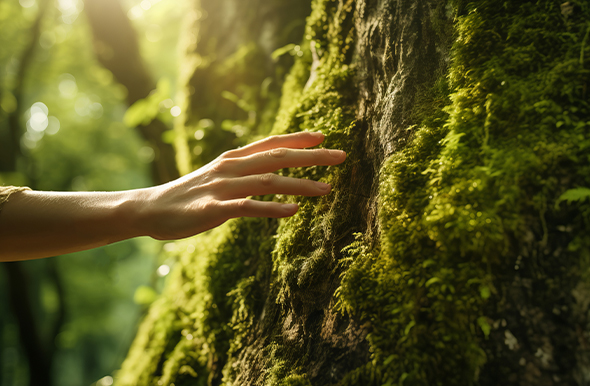 Main touchant une arbre symbolisant notre engagement environnemental