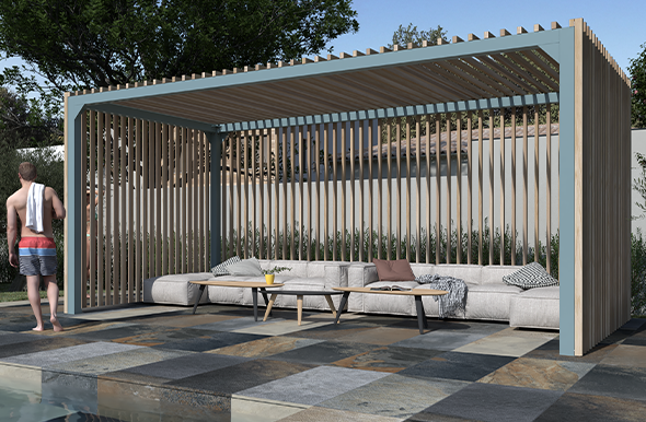 Grande pergolas avec tables basses et canapés